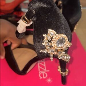 Shoe Dazzle Black Velvet Heels with Gold Crystal Accents
